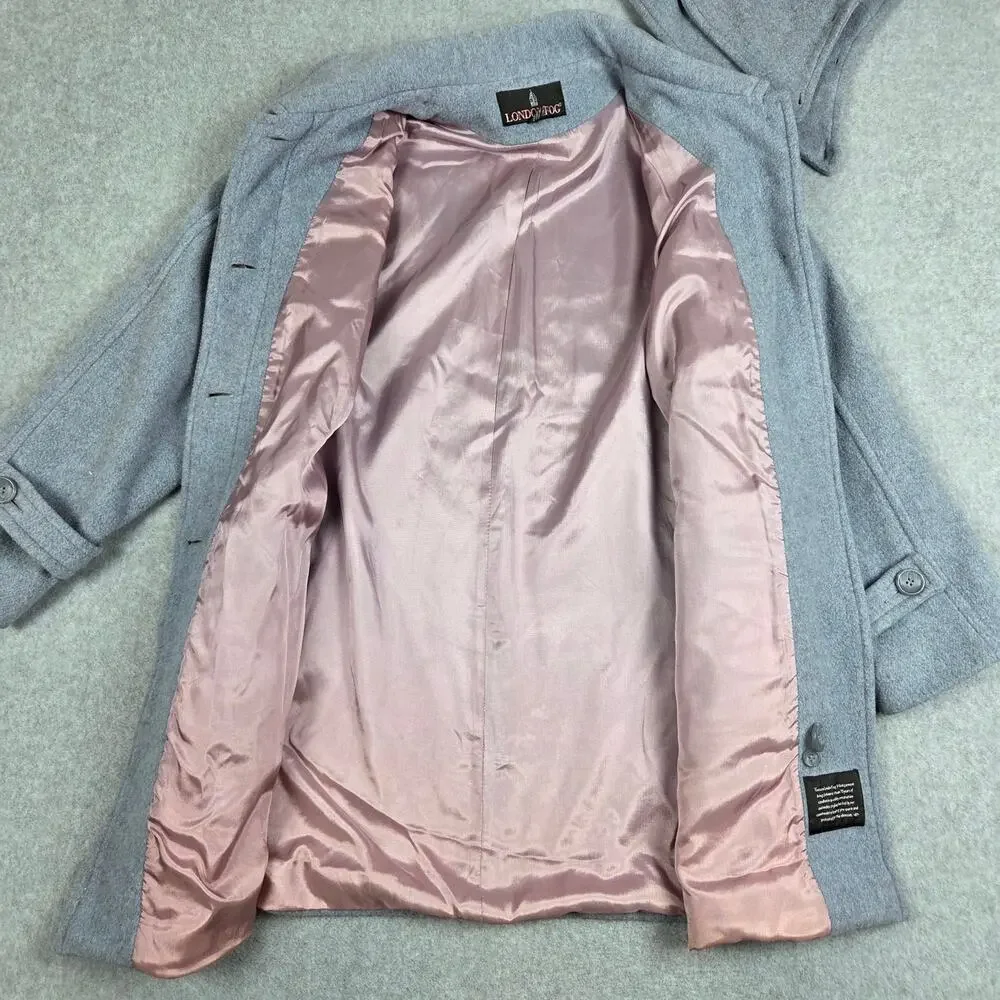 London Fog Size 10 Blue-Gray Wool Button Down Car Coat Detachable Hood